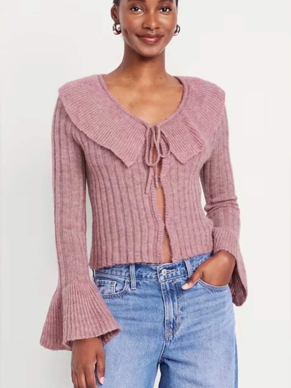 Old Navy Ribbed Tie-Front V-Neck Sweater Cardigan - Dusty Rose, Size S.
